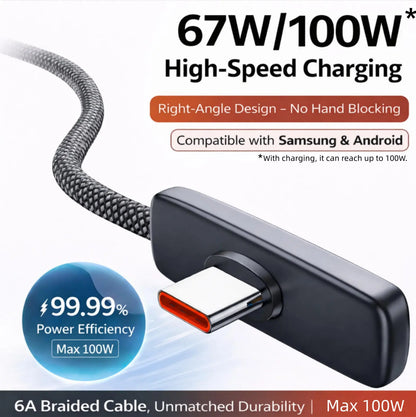 100W Right Angle USB-C Fast Charging Cable - PD PPS 60W/240W, 6A Braided Cord for iPhone 15/16/17 Pro Max, Samsung Android Phones, Tablets, and Laptops - 90 Degree Design for Enhanced Accessibility
