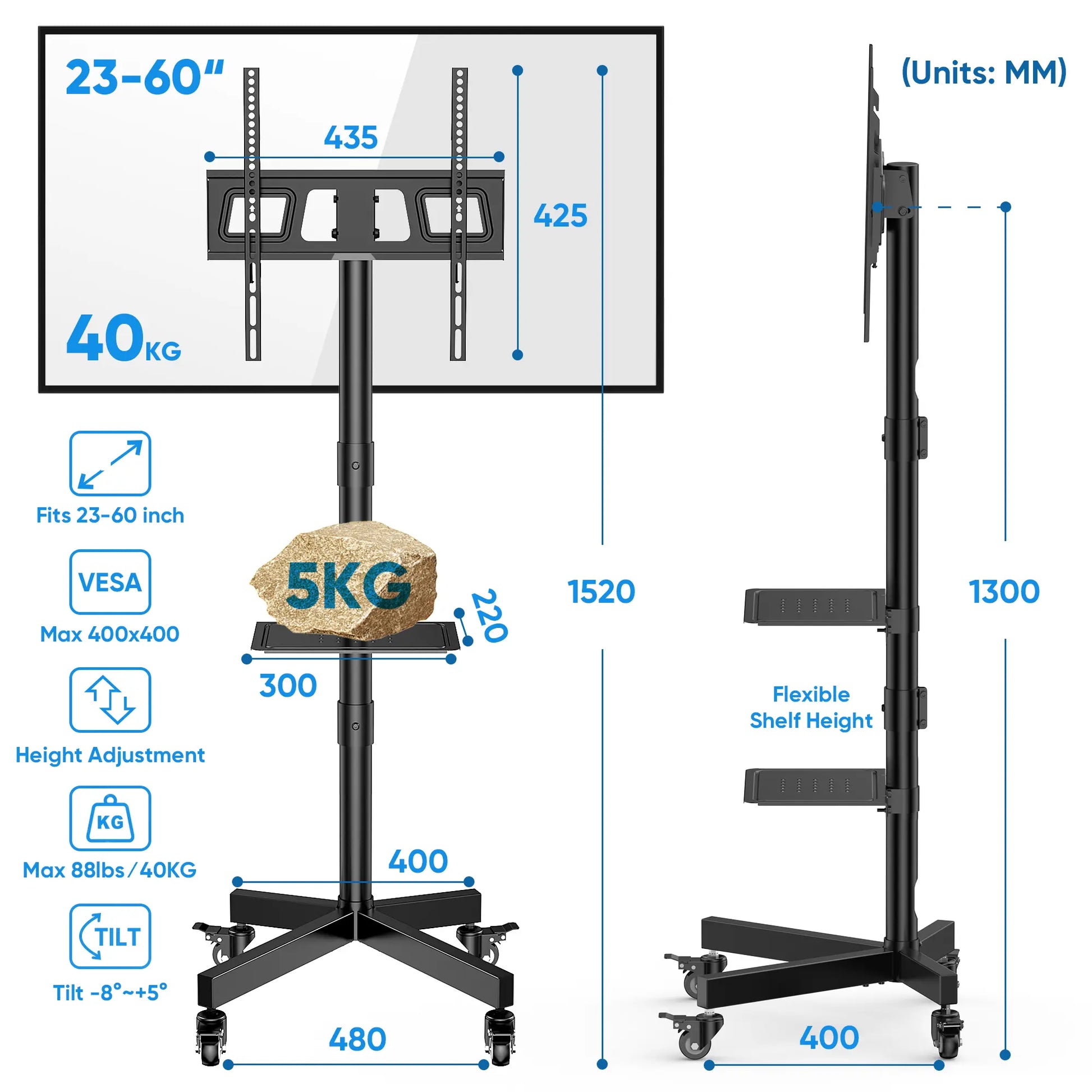 Mobile TV Stand for 23-65 Inch LCD/LED Flat-Panel and Curved TVs, 15° Tilt, Supports up to 88 lbs, Includes Laptop Holder, Portable with Rolling Base, Swivel Capability, Compatible with VESA Resolutions up to 400x400