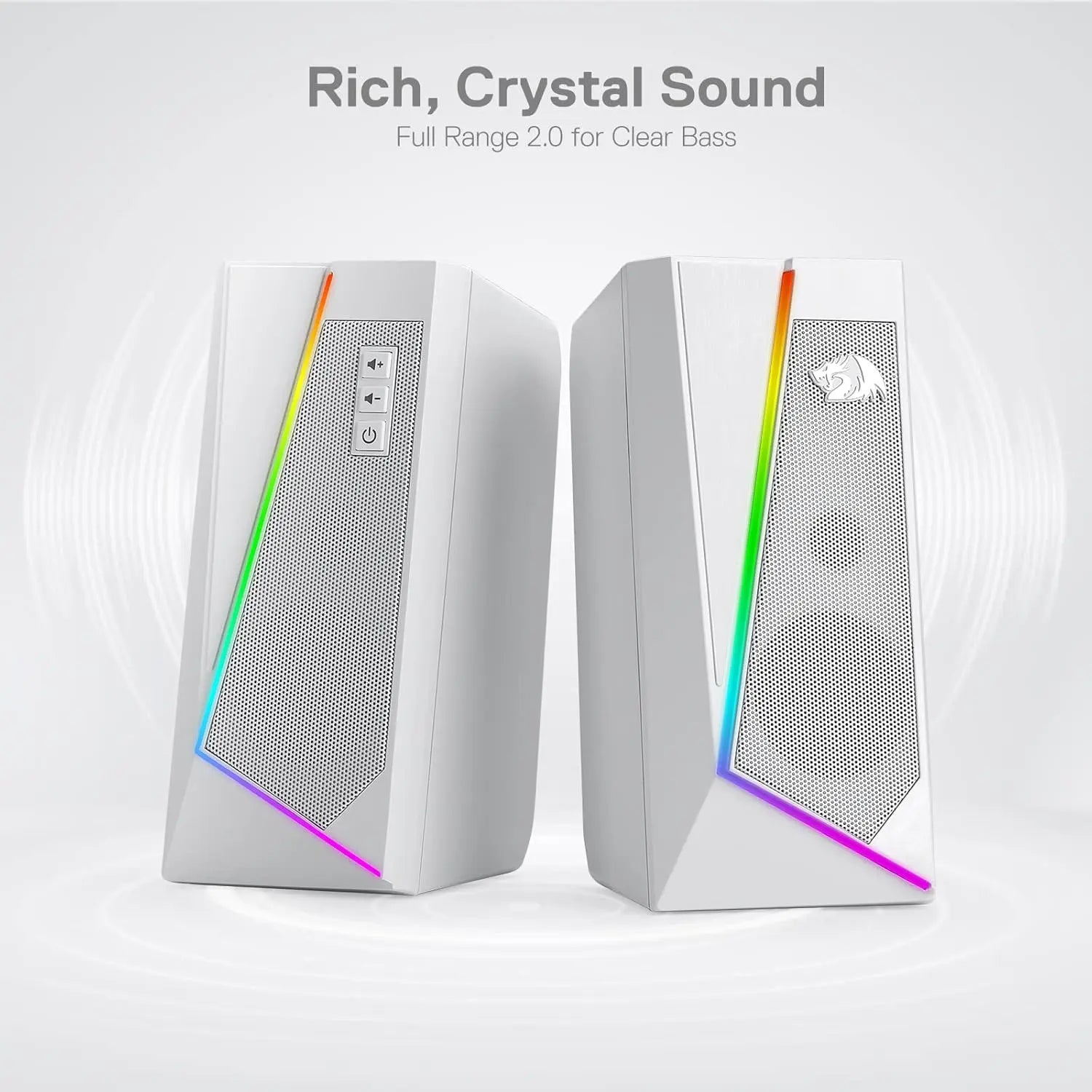 Redragon GS520 2.0 Channel Desktop Speakers - Multifunctional PC Gaming Audio System with RGB LED Lighting, Enhanced Sound Quality, and Convenient Volume Control, USB Powered with 3.5mm Connectivity