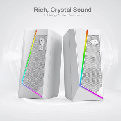 Redragon GS520 2.0 Channel Desktop Speakers - Multifunctional PC Gaming Audio System with RGB LED Lighting, Enhanced Sound Quality, and Convenient Volume Control, USB Powered with 3.5mm Connectivity