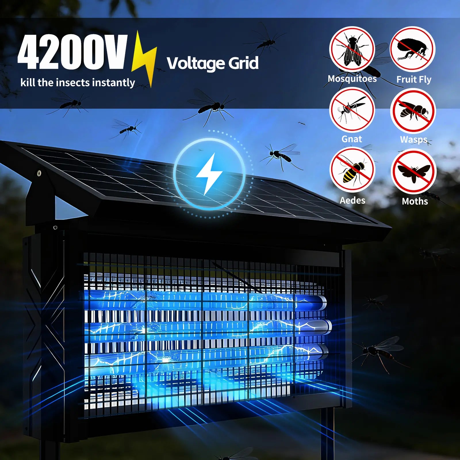 4500V Solar Bug Zapper,3000Mah Rechargeable High Voltage Mosquito & Fly Trapper, 2 Modes, IPX 67, for Home, Garden, Patio,Outdoor,Summerwins