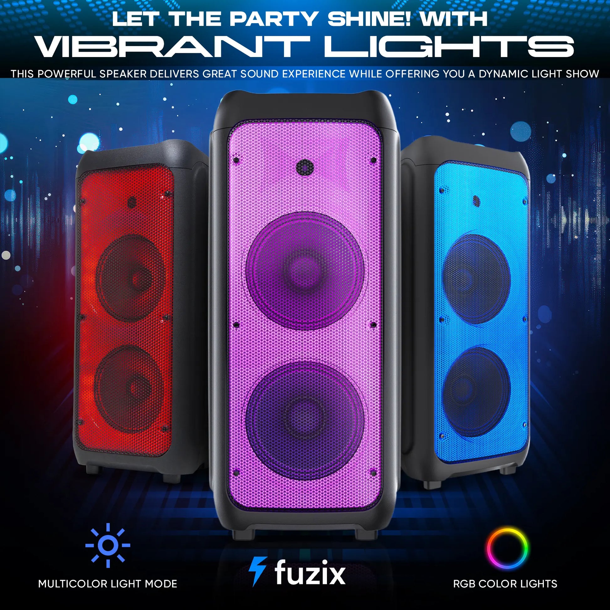 Fuzix Nova Portable Rechargeable Bluetooth Karaoke Speaker with Dual Wireless Microphones, Dynamic LED Lighting, FM Radio, USB and Micro SD Support, and Remote Control