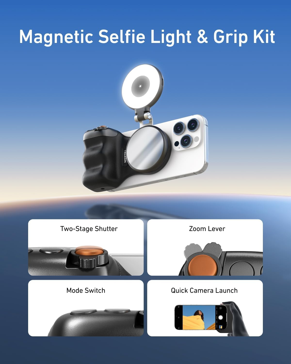 Fun Shot Magnetic Phone Camera Grip and C03 Magnetic Selfie Light Creator Kit Compatible with iPhone MagSafe and Android - Bundle for Selfies, Photography, TikTok, Zoom Calls, and Video (Black)