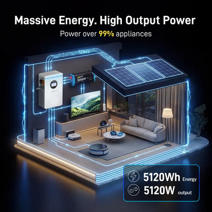 Wattcycle 48V 100Ah 5.12Kwh Wall-Mounted Lifepo4 Battery with Bluetooth for Home Backup Power, Deep Cycle,Solar System