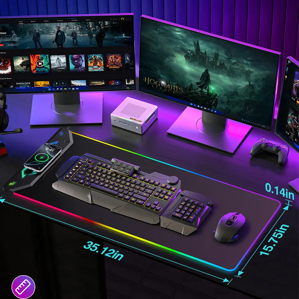 HIWE RGB Gaming Mouse Pad with 15W Magnetic Wireless Charging - Extra Large 35x15.8 Desk Mat with 24 Light Effects, Non-Slip Base, and Waterproof Design for Gamers