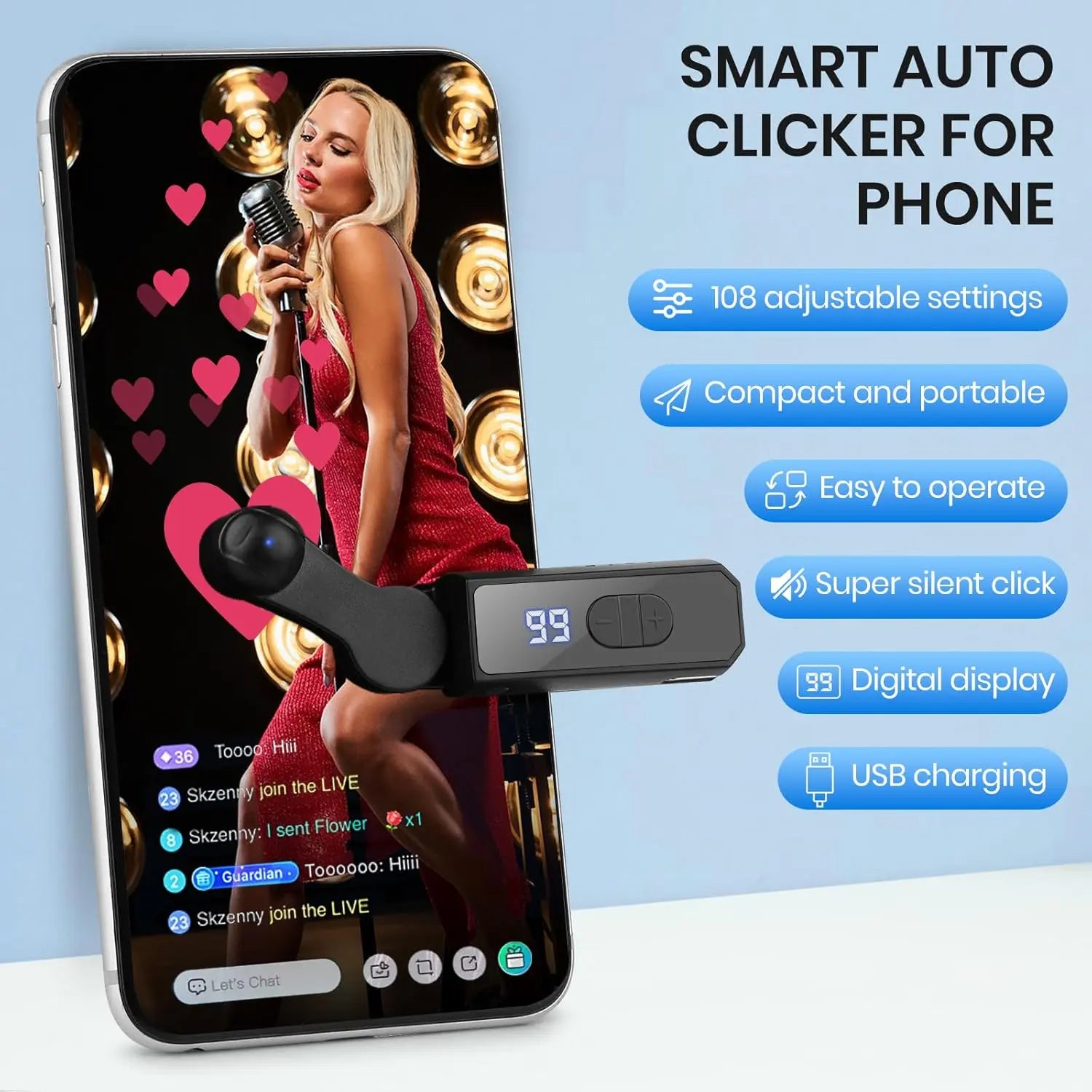 IMOLI Rechargeable Automatic Clicker - Efficient Screen Tap Simulator for Smartphones and Controllers | Smart Trigger for Shopping, Rewards, Live Broadcast Engagement, and Task Management