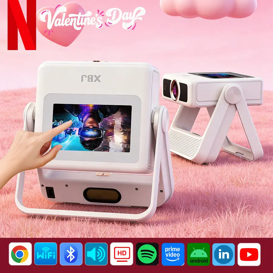 Xbj Smart Portable Projector with Touchscreen Tablet, 4K Support, WiFi 6, and Bluetooth for Home Theater, Gaming, and Outdoor Use (270° Stand and 250" Display)