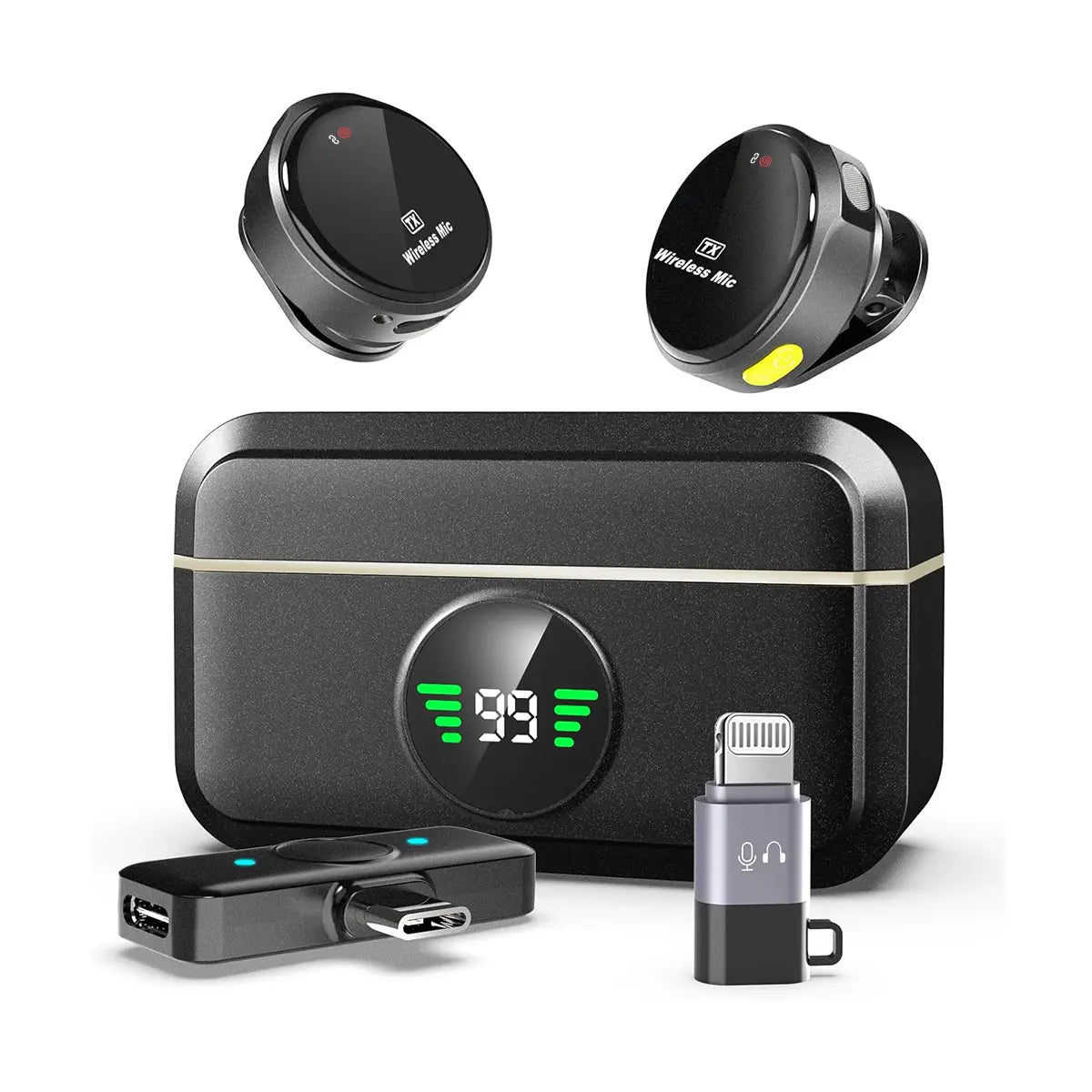 Wireless Lavalier Microphone with Charging Case for iPhone, iPad, and Android - Portable Clip-on Receiver for Audio Recording and Streaming, Black