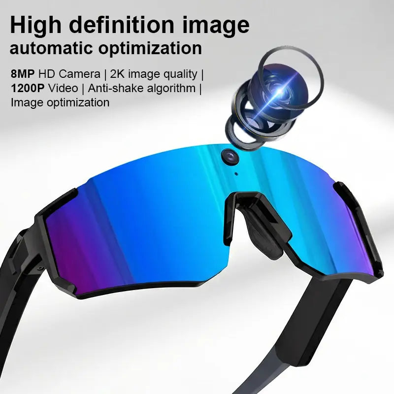 Smart Sports Glasses with 8MP Camera, 2K Photo/1200P Video Recording Wearable Glasses, IP54 Waterproof Multifunctional Wireless Audio Bluetooth Glasses with Headphone, Outdoor Sports Polarized Sunglasses with AI Voice Assistant, UV Protection Eyeglass