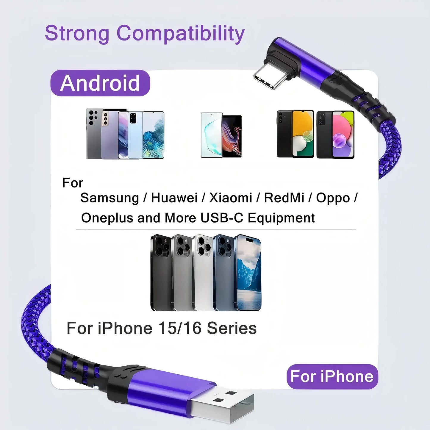 90-Degree USB C Cable, Right Angle USB A to USB C Nylon Braided Fast Charging Cable for Smartphones, iPhone 16 Pro Max, Samsung Galaxy S24 Ultra, and iPad Air 6