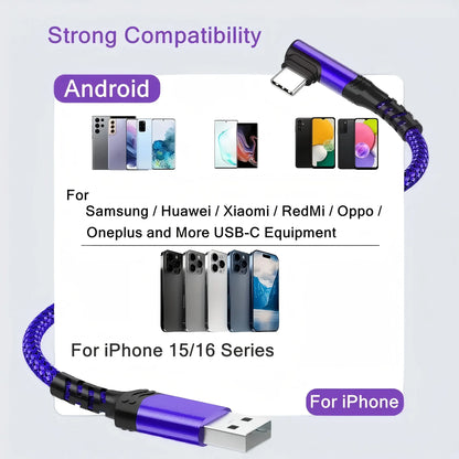 90-Degree USB C Cable, Right Angle USB A to USB C Nylon Braided Fast Charging Cable for Smartphones, iPhone 16 Pro Max, Samsung Galaxy S24 Ultra, and iPad Air 6
