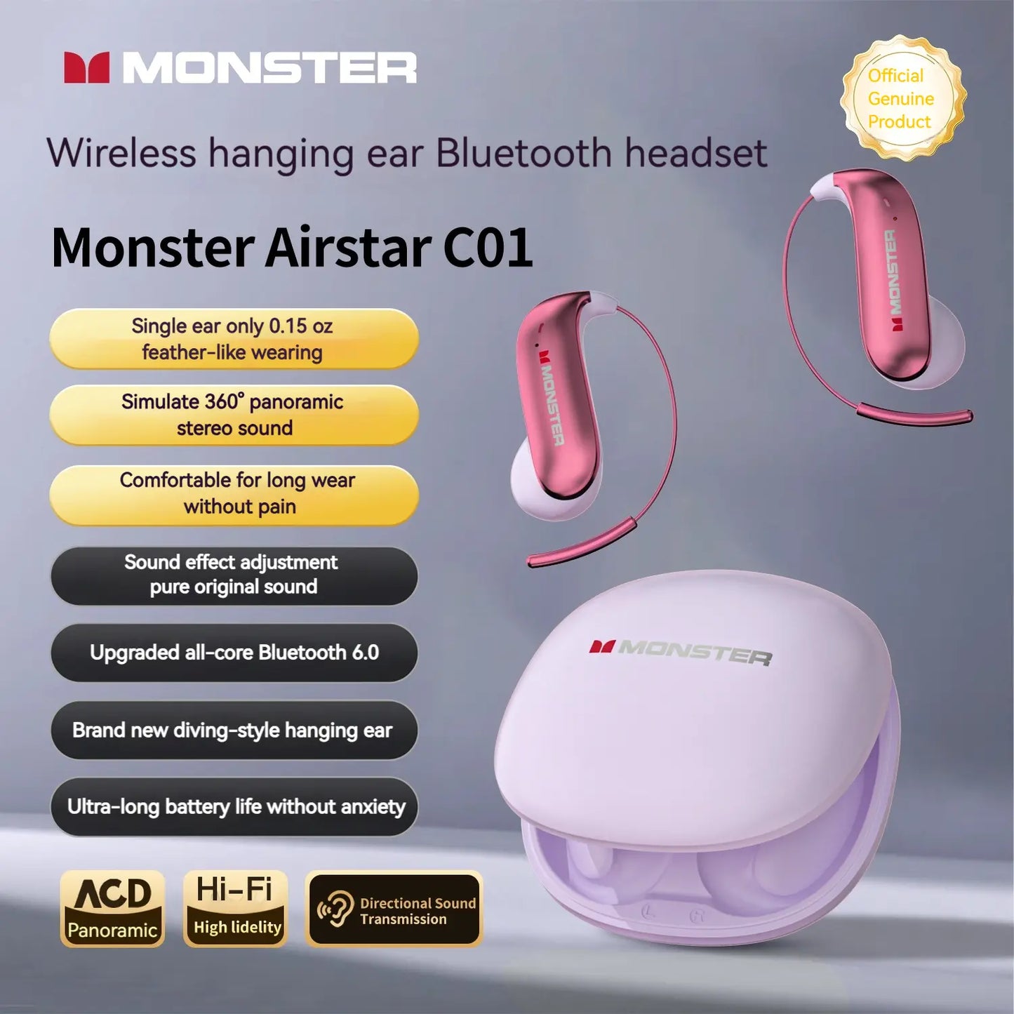 Monster Open-Ear Mic Headset, Wireless Earbuds, Secure Earhook Design, Mic Noise Cancelling, 100H Playtime, Bluetooth 6.0, Sweatproof, Lightweight, Comfortable, for Running, Workout, Cycling, Driving – Back to School, Perfect Gifts for Men & Women
