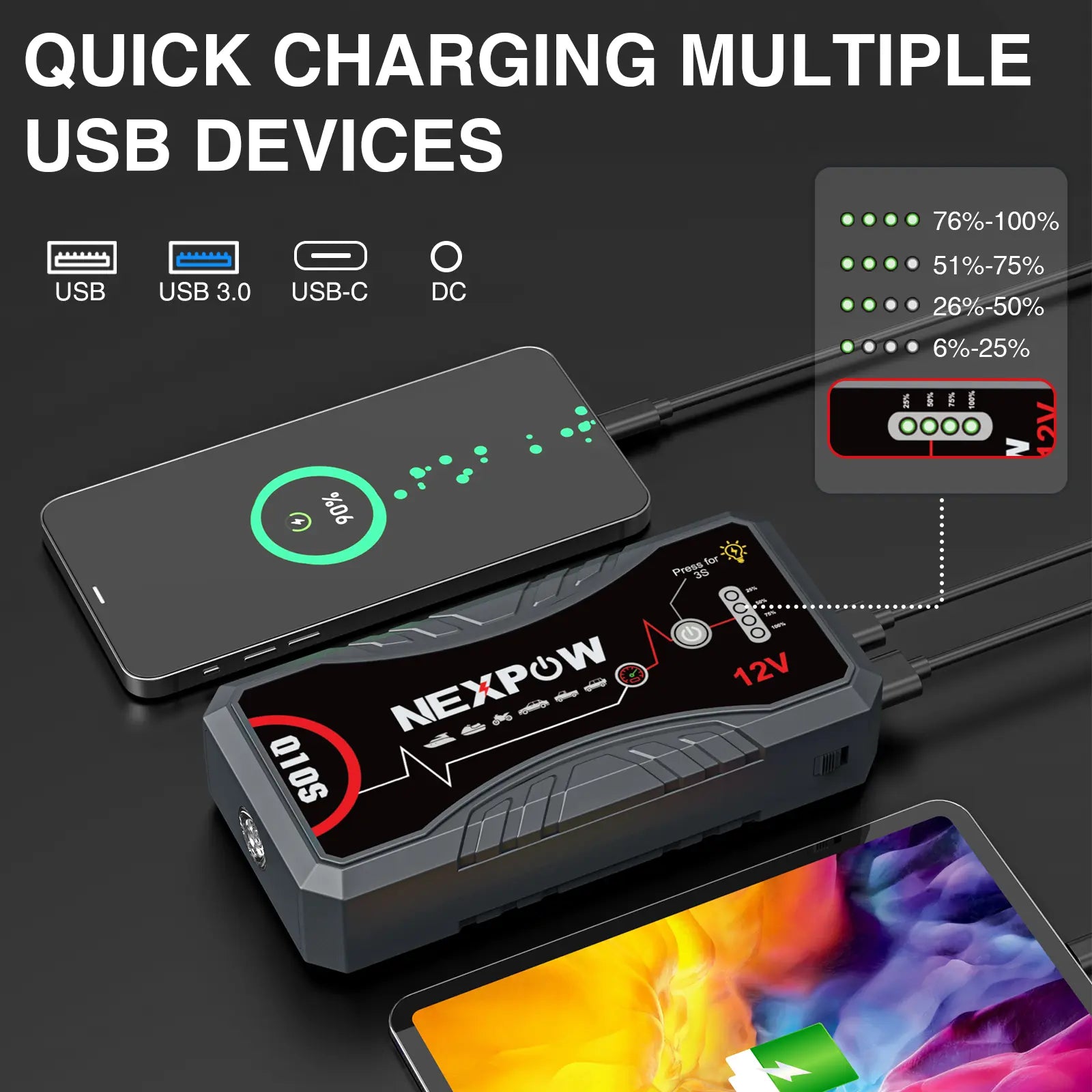NEXPOW 2026 Enhanced Car Jump Starter - 3000A Peak Performance for 9.0L Gas and 7.0L Diesel Engines - Portable Lithium Battery Pack with USB QC3.0 and Jumper Cables