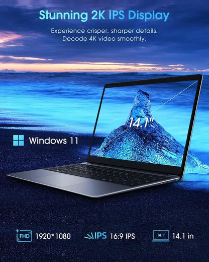 CHUWI Herobook Pro 14.1" Laptop - Intel Celeron N4020, 8GB RAM, 256GB SSD, Expandable to 1TB, Windows 11, 2K FHD IPS Display, Ultra Slim Design, Mini HDMI, 5G WiFi, USB 3.0, Webcam, TF Card Slot