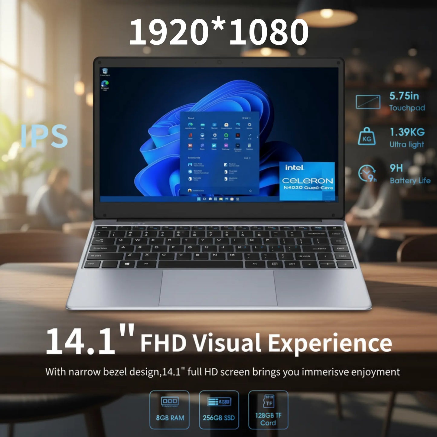 CHUWI Herobook Pro 14.1" Laptop - Intel Celeron N4020, 8GB RAM, 256GB SSD, Expandable to 1TB, Windows 11, 2K FHD IPS Display, Ultra Slim Design, Mini HDMI, 5G WiFi, USB 3.0, Webcam, TF Card Slot