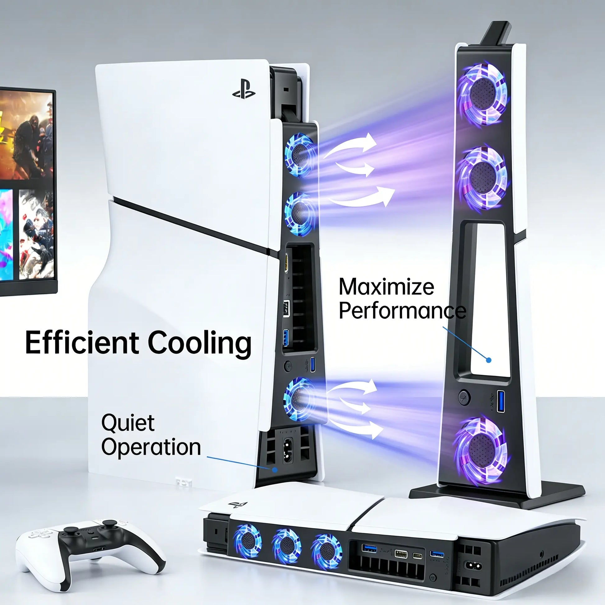 PS5 Slim Cooling Fan with LED Light, Silent USB Temperature-Controlled External Cooler for PS5 New Slim Console, Gaming Accessories Computer Peripherals
