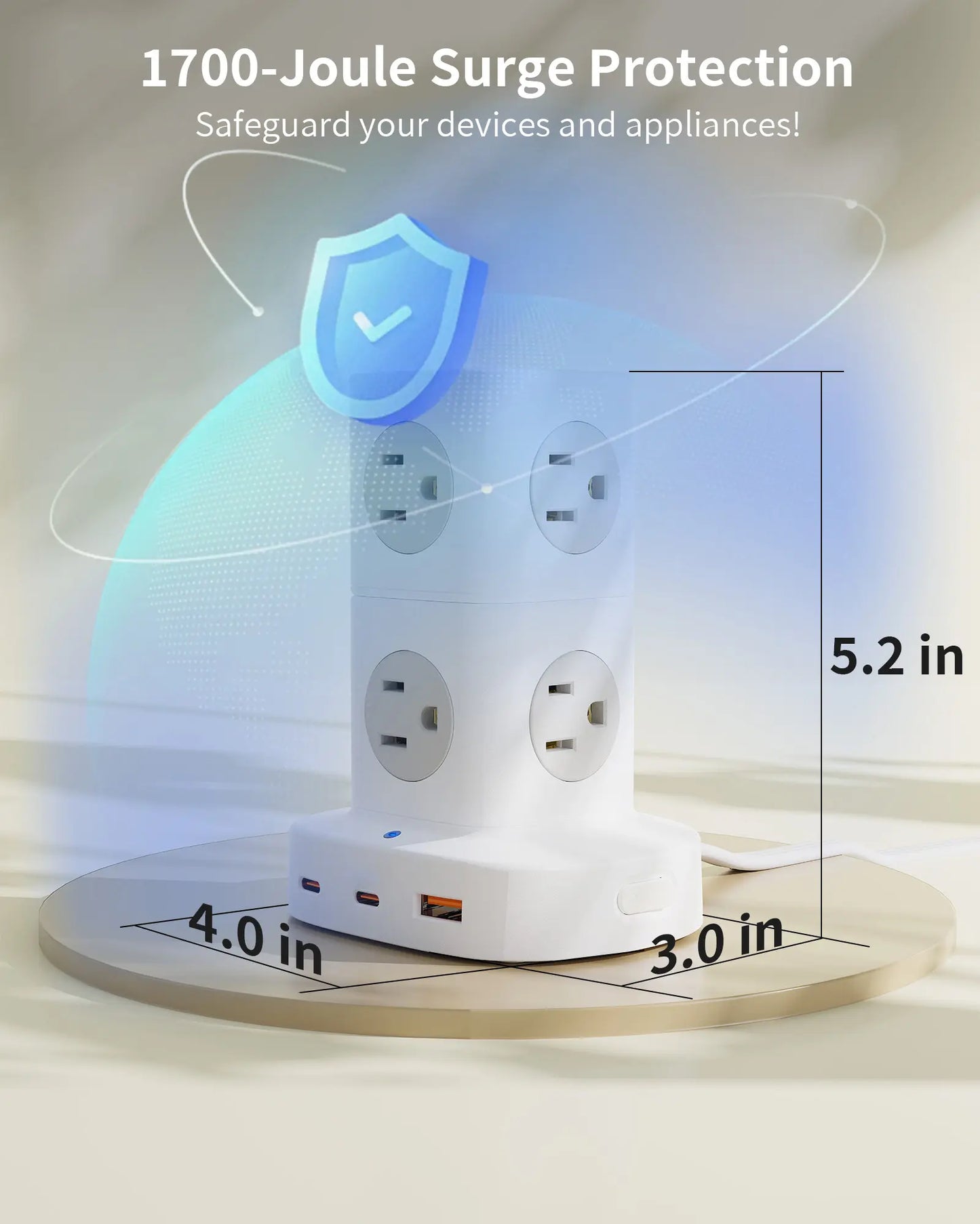 Tower Power Strip with 9 Outlets 3 USB (2 USB C), Surge Protector Tower 1250W/10A, 1700J, 5Ft Removable Multiple Outlets Power Strip Tower, Ideal for Dorms, Home Office, Travel, Hotels Outletplugs