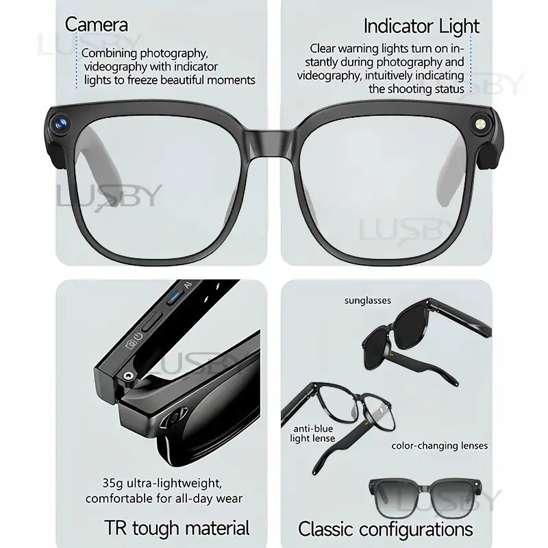 LUSBY Smart AI Camera Glasses with 8MP Photochromic Lenses, Touch Button Adjustment, Hands-Free Photography, Real-Time Translation in 160+ Languages, Bluetooth Connectivity, Wearable Video Recording, and UV Protection - Ideal for Travel and Outdoor Adventures, Perfect Easter Gift