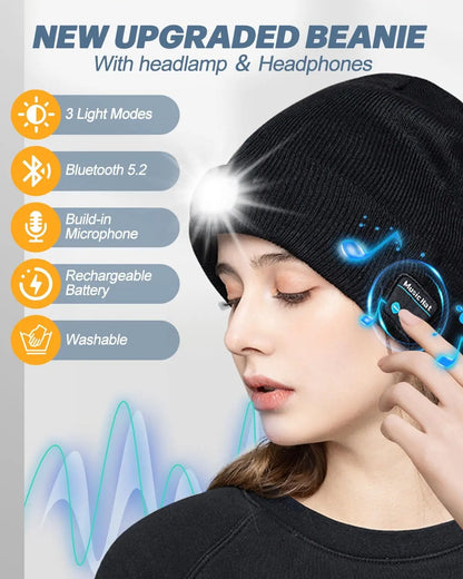 Bluetooth Beanie with LED Headlight and Detachable Speaker, USB Rechargeable Warm Hat for Music and Calls, Ideal for Sports and Outdoor Activities, Unisex Birthday Gift