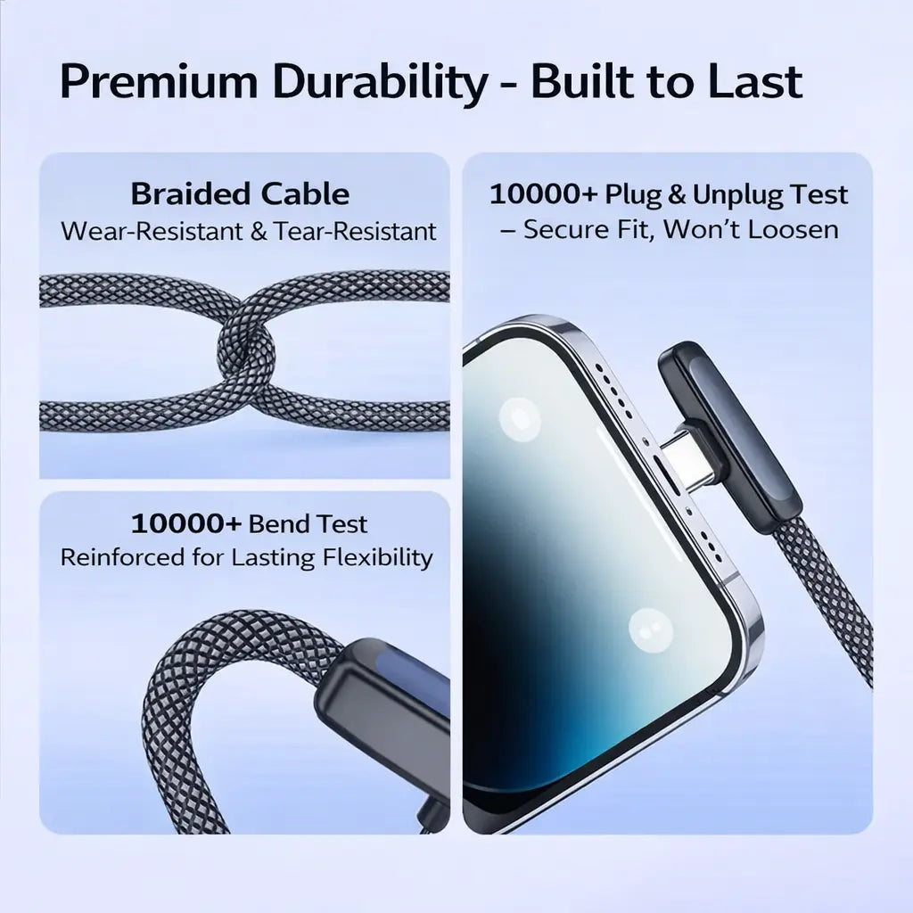 100W Right Angle USB-C Fast Charging Cable - PD PPS 60W/240W, 6A Braided Cord for iPhone 15/16/17 Pro Max, Samsung Android Phones, Tablets, and Laptops - 90 Degree Design for Enhanced Accessibility