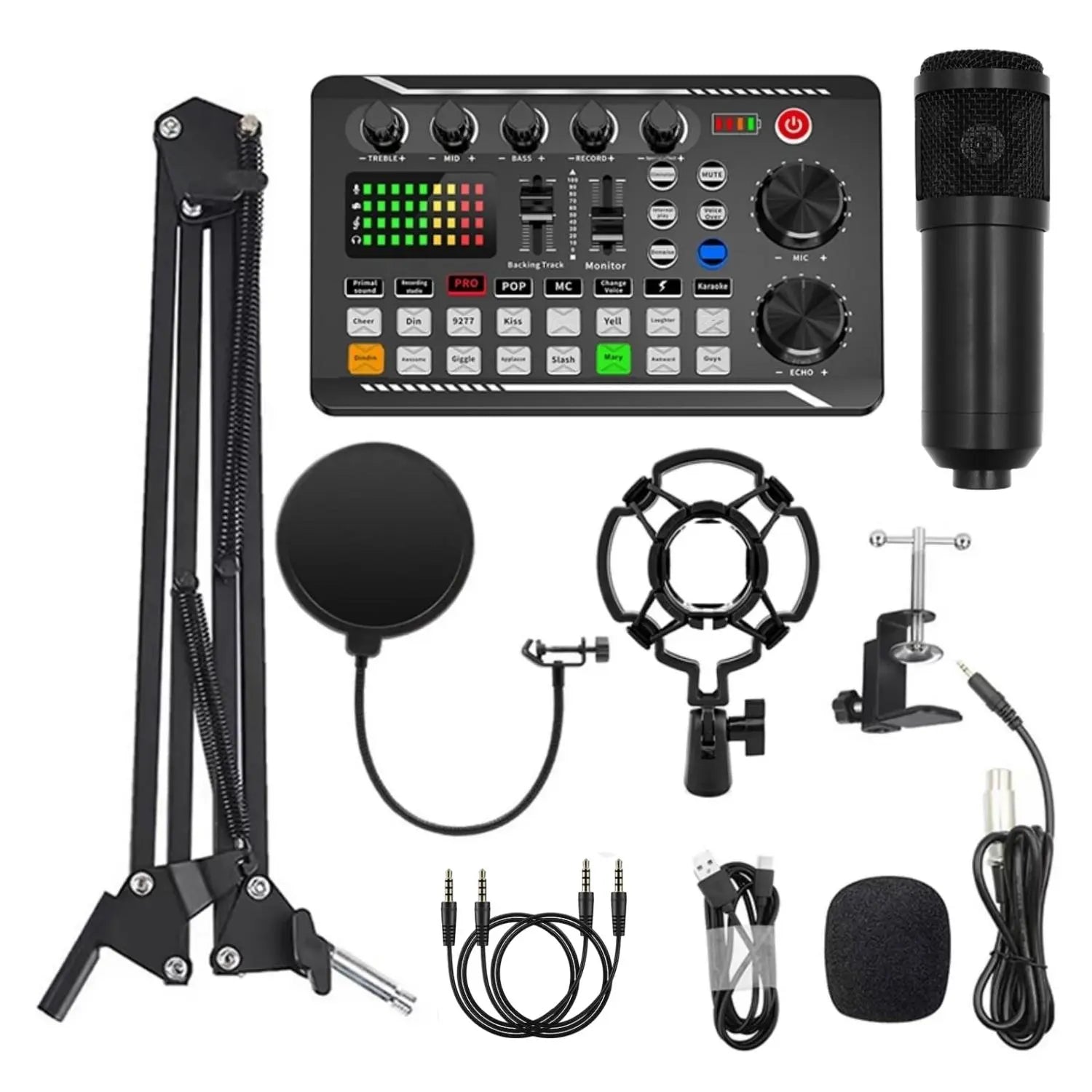 Professional Podcast Equipment Bundle: USB-Rechargeable Microphone with Voice Changer, Live Audio Mixer, Adjustable Condenser Mic, USB Audio Interface, Headphones, and Singing Microphone