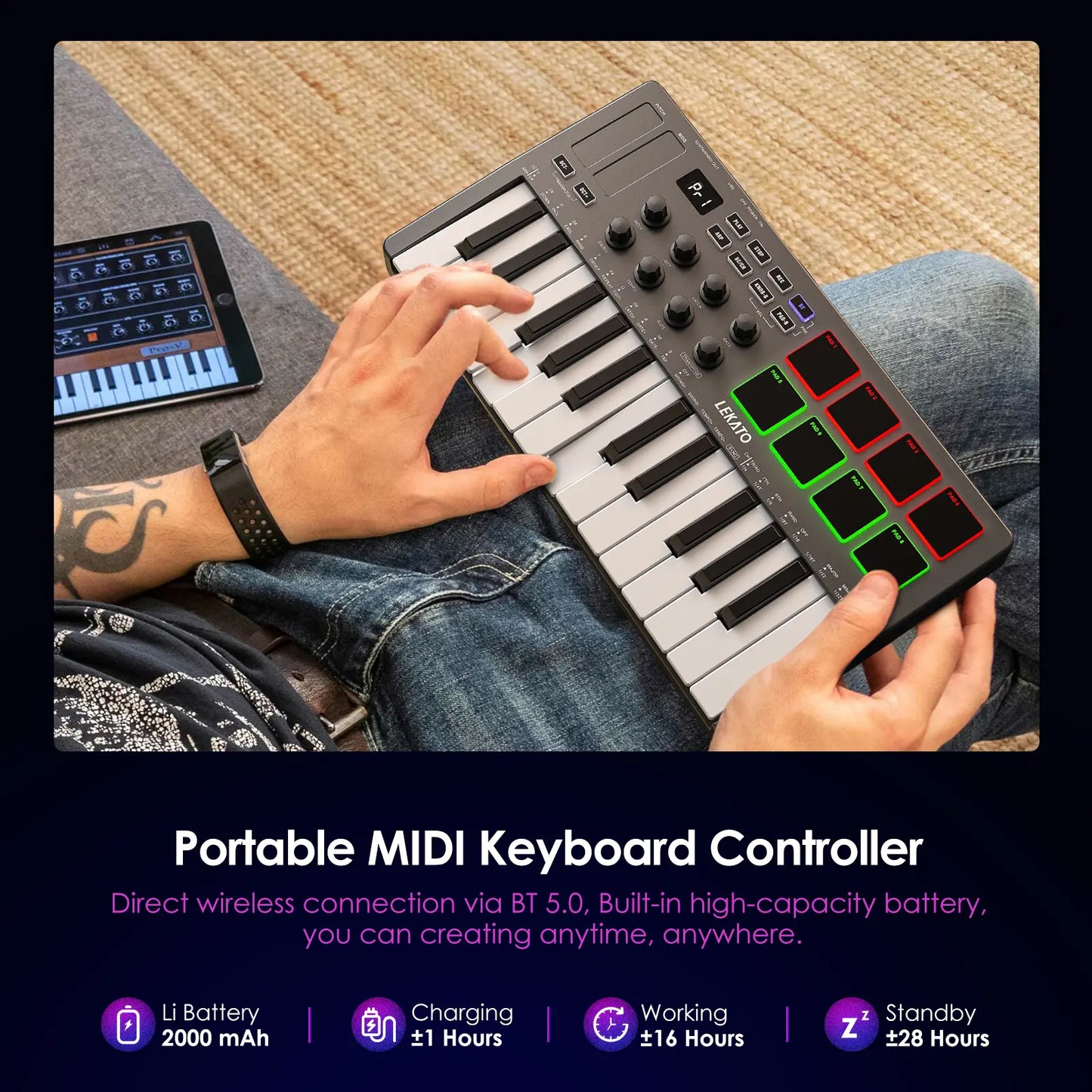 LEKATO SMK-25 Bluetooth 25-Key USB MIDI Keyboard Controller with 8 Backlit Drum Pads, Semi-Weighted Dynamic Keybed, 8 Control Knobs, Music Production Features, Smart Scales and Chords, Software Included - Ideal for Beginners and Music Enthusiasts