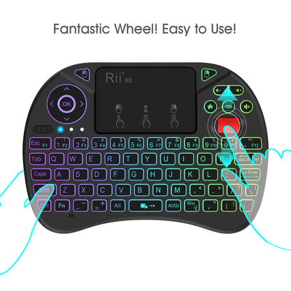 Rii X8 Mini Wireless Keyboard with Touchpad, 2.4GHz Connectivity, RGB Backlighting, and Rechargeable Battery for Android TV Box, Mac, PC, and Nvidia Shield Controller