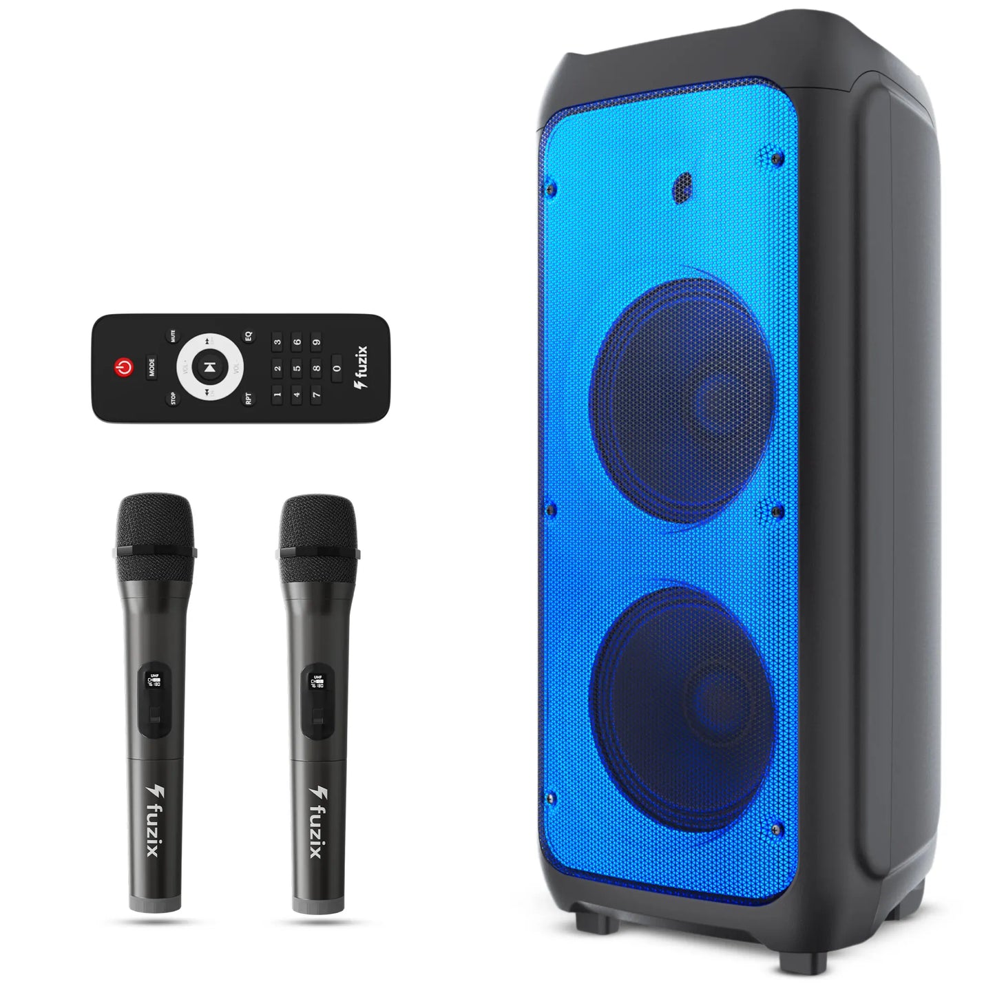 Fuzix Nova Portable Rechargeable Bluetooth Karaoke Speaker with Dual Wireless Microphones, Dynamic LED Lighting, FM Radio, USB and Micro SD Support, and Remote Control