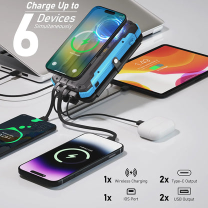 20000Mah Solar Power Bank with 4 Foldable Solar Panels, Built-In Wireless Charging, PD 15W Fast Charging, 3 Built-In Cables, 6 Charging Ports, Portable Solar Charger with Dual Flashlights and Carabiner, Compatible with All Mobile Devices