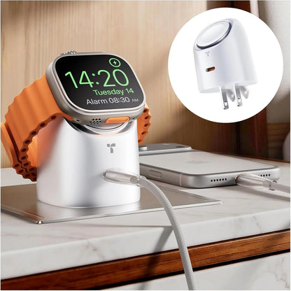 TORRAS Flasheye 2-in-1 45W GaN Fast Charger for Apple Watch and iPhone, 90° Foldable USB-C Wall Charger for iPhone 17/16/15, iPad, MacBook, AirPods, Android - White, Ideal Father's Day Gift