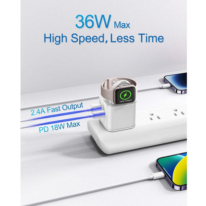 36W Apple Charging Block with Integrated Watch Charger, Foldable PD Fast Charger with Dual Ports, Compatible with iPhone, Apple Watch, and AirPods