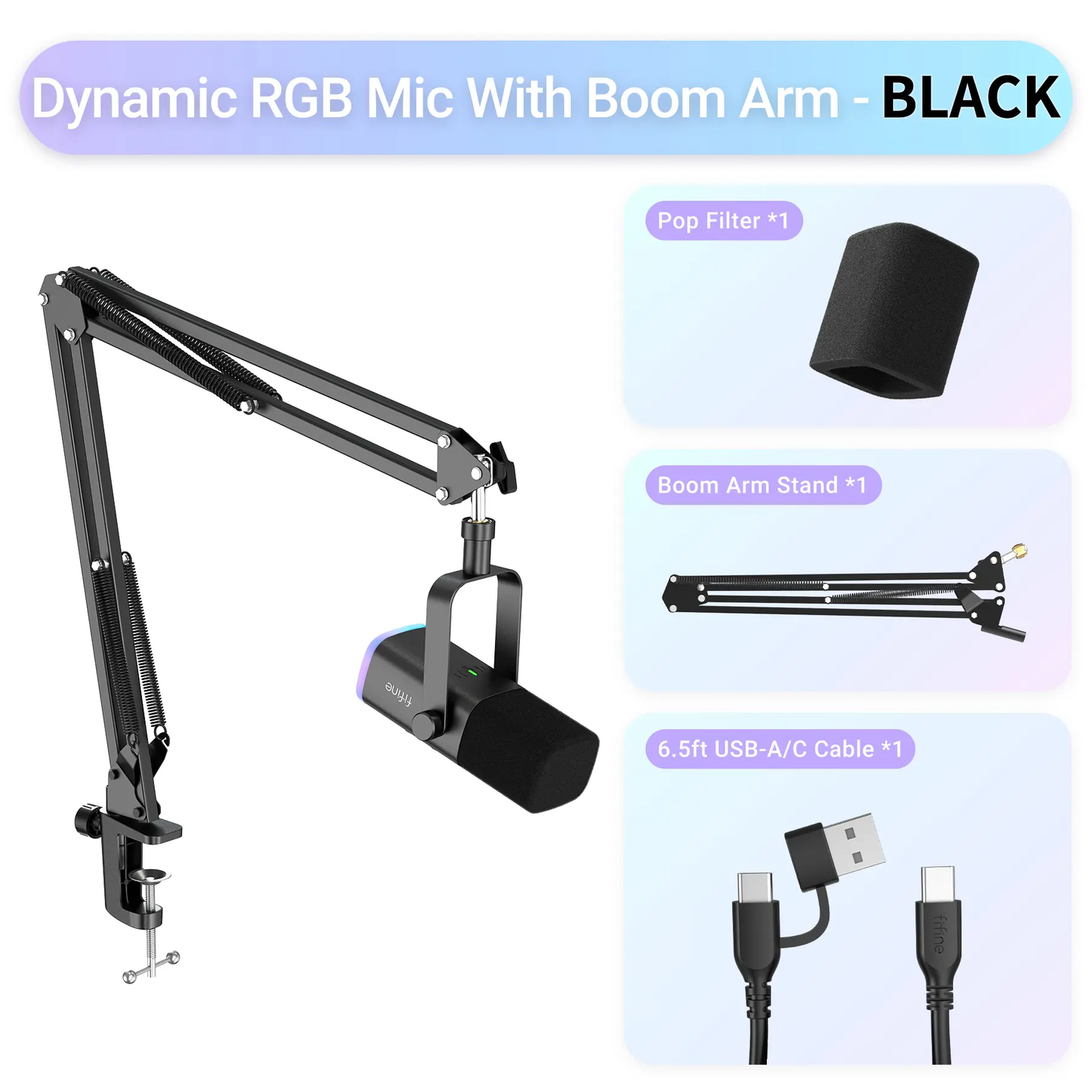 FIFINE AM8T Professional XLR/USB Gaming Microphone with Boom Arm Stand, Dynamic Mic for Streaming and Podcasting, RGB Computer Mic Kit with Mute Button and Headphone Jack, Ideal for Vocal Recording and Voice-Over on USB-C Smartphones