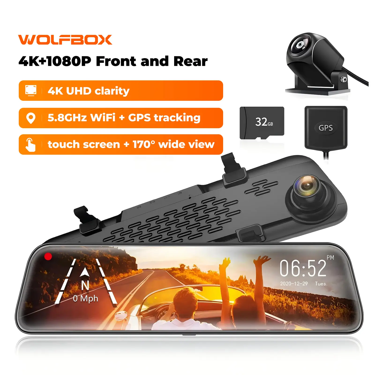 WOLFBOX G840S 12" Smart Rearview Mirror with 4K Dashcam, Dual Cameras, Night Vision, and Parking Assistance for Cars and Trucks, Includes 32GB Card and GPS