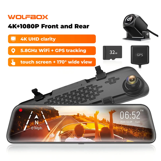 WOLFBOX G840S 12" Smart Rearview Mirror with 4K Dashcam, Dual Cameras, Night Vision, and Parking Assistance for Cars and Trucks, Includes 32GB Card and GPS