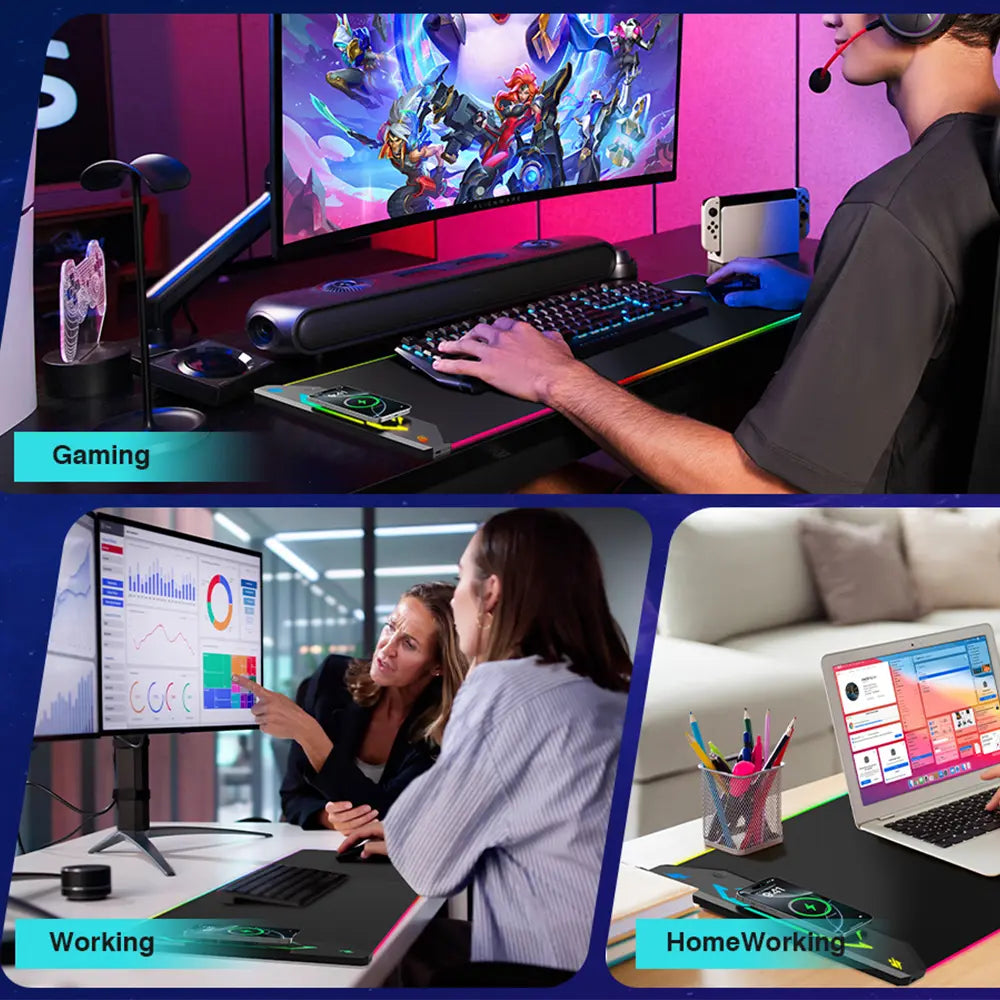HIWE RGB Gaming Mouse Pad with 15W Magnetic Wireless Charging - Extra Large 35x15.8 Desk Mat with 24 Light Effects, Non-Slip Base, and Waterproof Design for Gamers