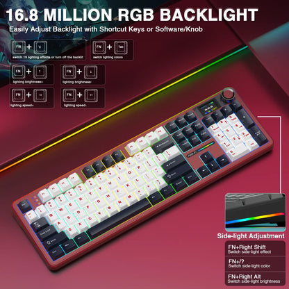 AULA F108 Pro Wireless Mechanical Gaming Keyboard - Full-Size with Smart Screen, Knob, Creamy Typing, Tri-Mode Connectivity, RGB Backlighting, Hot Swappable Switches for Professional and Gaming Use, Red