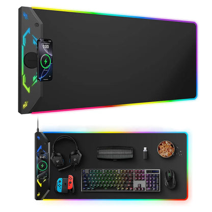 HIWE RGB Gaming Mouse Pad with 15W Magnetic Wireless Charging - Extra Large 35x15.8 Desk Mat with 24 Light Effects, Non-Slip Base, and Waterproof Design for Gamers