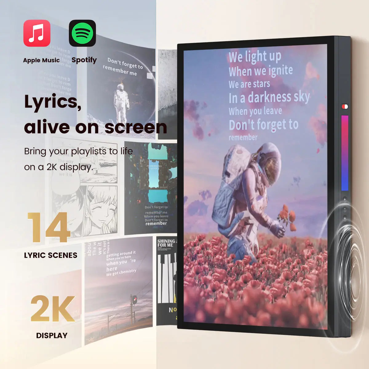 Morningblues Gallery T2 Bluetooth Speaker with 2.1 Hi-Fi Stereo, 2K Wi-Fi Paper-Like Display, Dynamic Lyrics, and Versatile Wall or Tabletop Design, Compatible with Spotify, Apple Music, and Amazon Music