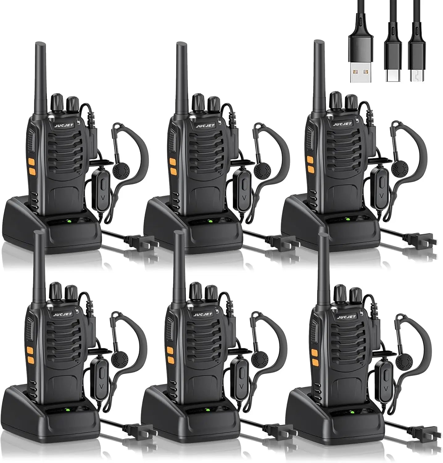 Long Range Rechargeable 2-Way Radios with Earpieces and USB Charging Base - 8Km Max Range, 16 Channels, 6 Pack for Outdoor Use