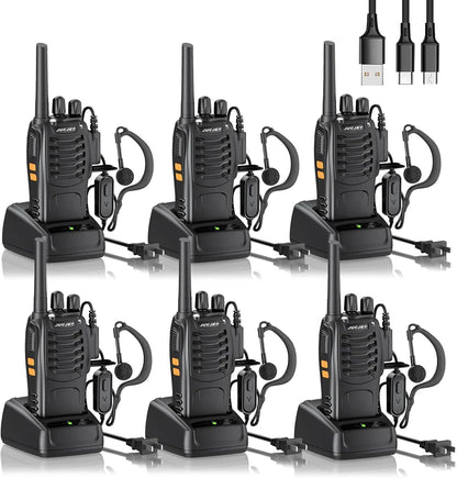 Long Range Rechargeable 2-Way Radios with Earpieces and USB Charging Base - 8Km Max Range, 16 Channels, 6 Pack for Outdoor Use