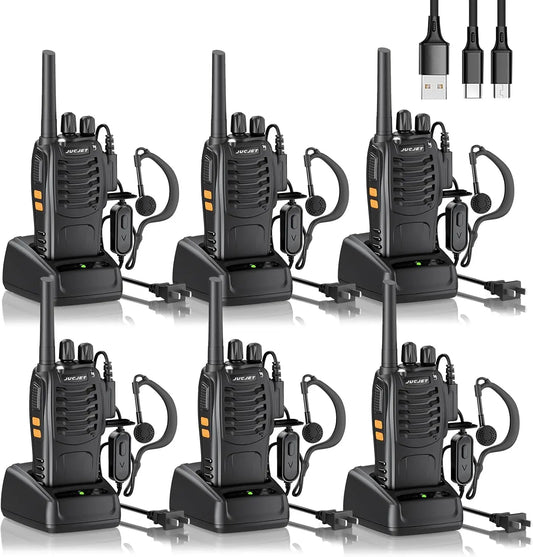 Long Range Rechargeable 2-Way Radios with Earpieces and USB Charging Base - 8Km Max Range, 16 Channels, 6 Pack for Outdoor Use