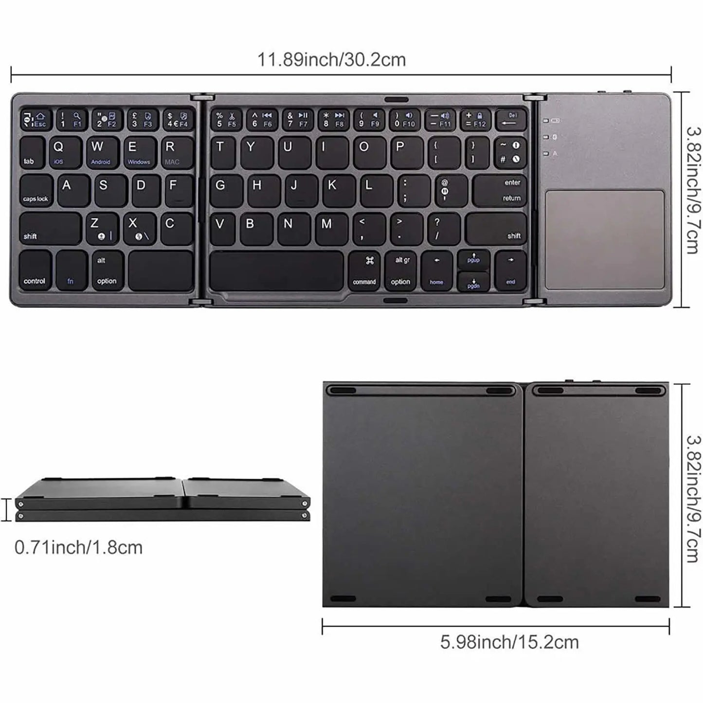 Tri-Fold Bluetooth 5.0 Wireless Keyboard with Touchpad | Universal Compatibility for Windows, iOS, macOS, and Android | Connects Up to 3 Devices | Rechargeable Battery | Ultra-Portable Design for Computers, Tablets, and Mobile Phones