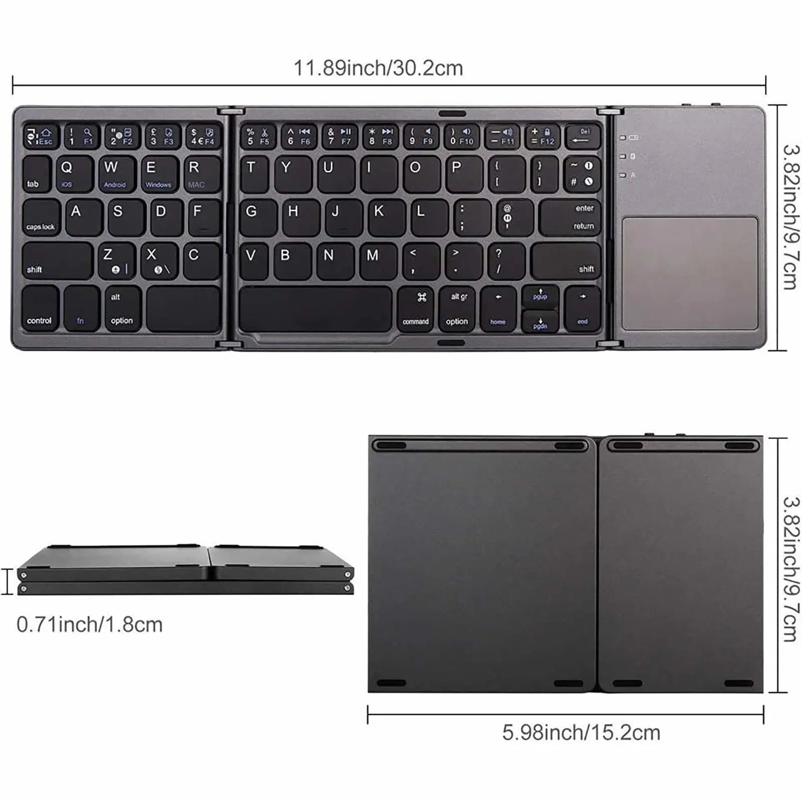 Tri-Fold Bluetooth 5.0 Wireless Keyboard with Touchpad | Universal Compatibility for Windows, iOS, macOS, and Android | Connects Up to 3 Devices | Rechargeable Battery | Ultra-Portable Design for Computers, Tablets, and Mobile Phones