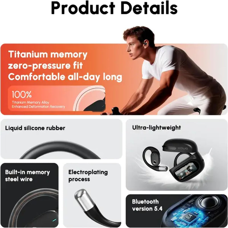 KOUO O1 Open-Ear Wireless Bluetooth 5.4 Headphones with LED HD Display, High-Fidelity Sound, IPX7 Waterproof - Ideal for Office, Sports, Studying, and Audio Calls