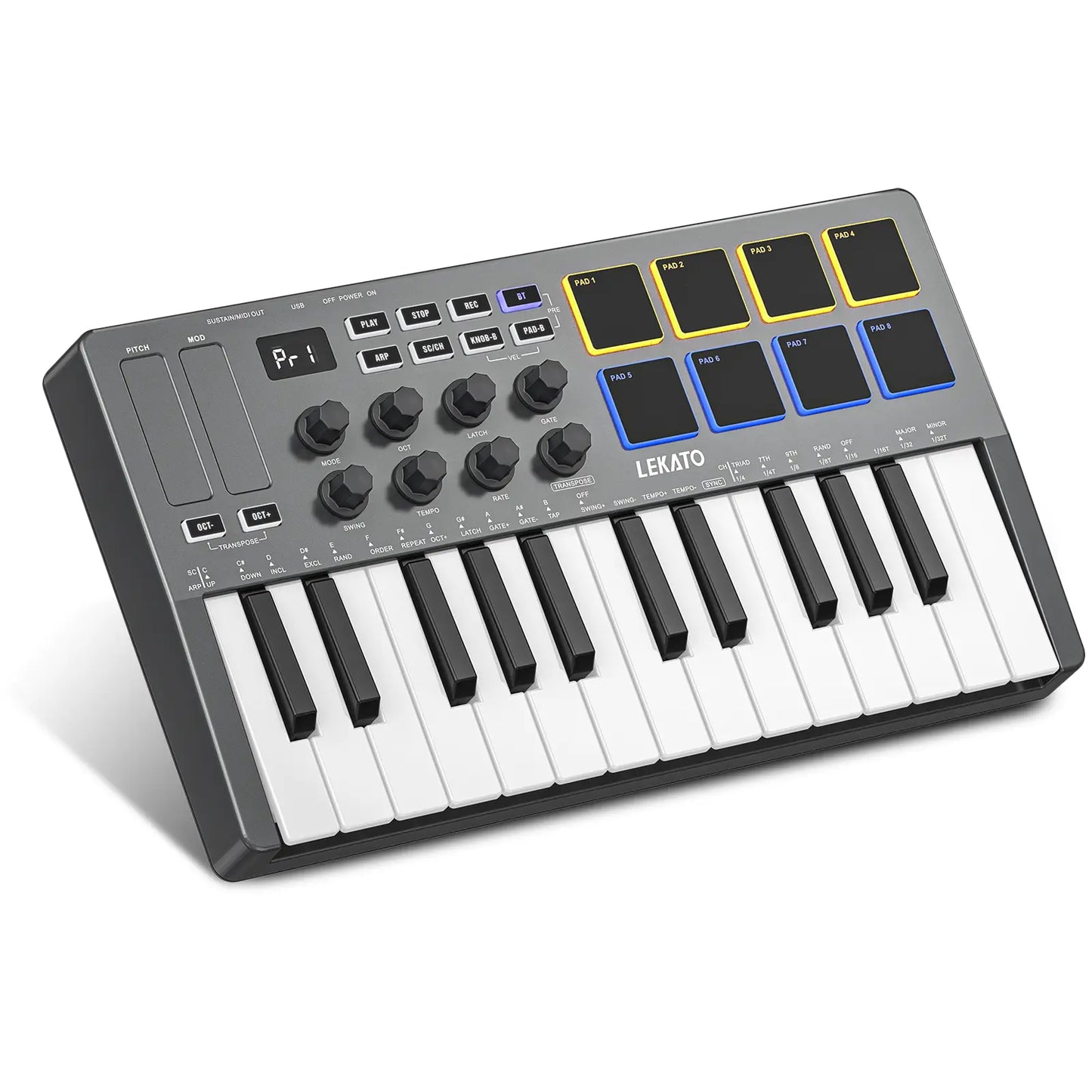 LEKATO SMK-25 Bluetooth 25-Key USB MIDI Keyboard Controller with 8 Backlit Drum Pads, Semi-Weighted Dynamic Keybed, 8 Control Knobs, Music Production Features, Smart Scales and Chords, Software Included - Ideal for Beginners and Music Enthusiasts