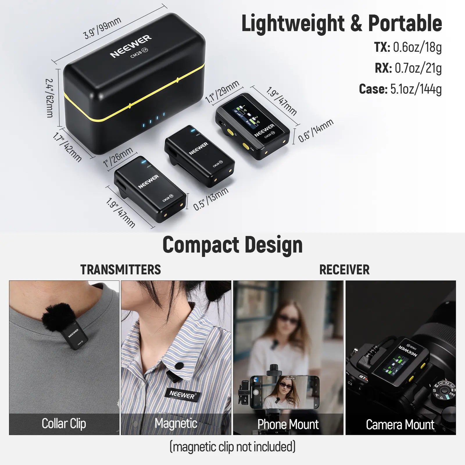NEEWER CM28 Wireless Lavalier Microphone with Charging Case and OTG Adapter, Compatible with iPhone, Android, PC, and Camera - Ideal for Vlogging and Interviews