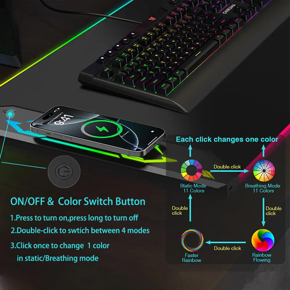 HIWE RGB Gaming Mouse Pad with 15W Magnetic Wireless Charging - Extra Large 35x15.8 Desk Mat with 24 Light Effects, Non-Slip Base, and Waterproof Design for Gamers