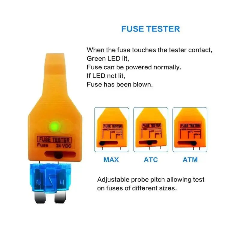 24V DC Car Fuse Tester and Puller – Efficient Tool for Testing, Locating, and Removing Blown ATO/ATC/ATM Blade and Glass Tube Fuses in Vehicle Fuse Boxes