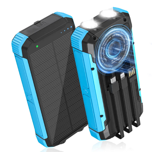 20000Mah Solar Power Bank with 4 Foldable Solar Panels, Built-In Wireless Charging, PD 15W Fast Charging, 3 Built-In Cables, 6 Charging Ports, Portable Solar Charger with Dual Flashlights and Carabiner, Compatible with All Mobile Devices