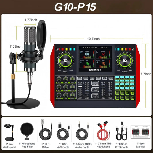 Tenlamp G10-P15 Professional Sound Card Kit with Condenser Microphone, Audio Mixer Featuring Voice Changer and Noise Reduction for Streaming, Podcasting, and Gaming